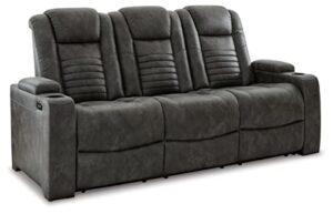 signature design by ashley soundcheck contemporary faux leather tufted power reclining sofa with adjustable headrest, gray
