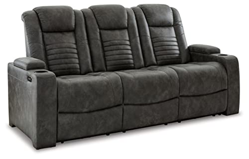 Signature Design by Ashley Soundcheck Contemporary Faux Leather Tufted Power Reclining Sofa with Adjustable Headrest, Gray