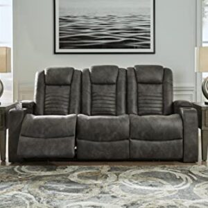 Signature Design by Ashley Soundcheck Contemporary Faux Leather Tufted Power Reclining Sofa with Adjustable Headrest, Gray