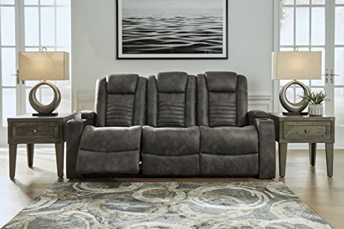 Signature Design by Ashley Soundcheck Contemporary Faux Leather Tufted Power Reclining Sofa with Adjustable Headrest, Gray