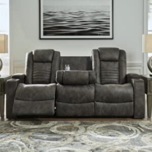 Signature Design by Ashley Soundcheck Contemporary Faux Leather Tufted Power Reclining Sofa with Adjustable Headrest, Gray