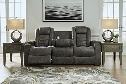 Signature Design by Ashley Soundcheck Contemporary Faux Leather Tufted Power Reclining Sofa with Adjustable Headrest, Gray