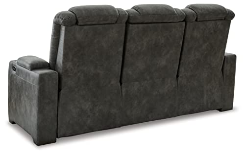 Signature Design by Ashley Soundcheck Contemporary Faux Leather Tufted Power Reclining Sofa with Adjustable Headrest, Gray