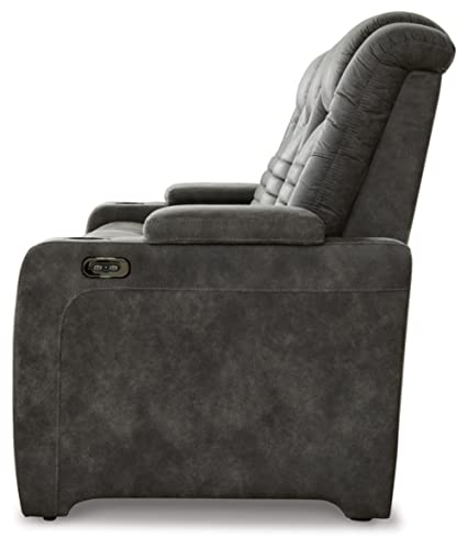 Signature Design by Ashley Soundcheck Contemporary Faux Leather Tufted Power Reclining Sofa with Adjustable Headrest, Gray