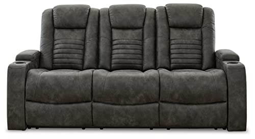 Signature Design by Ashley Soundcheck Contemporary Faux Leather Tufted Power Reclining Sofa with Adjustable Headrest, Gray