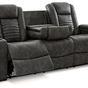 Signature Design by Ashley Soundcheck Contemporary Faux Leather Tufted Power Reclining Sofa with Adjustable Headrest, Gray