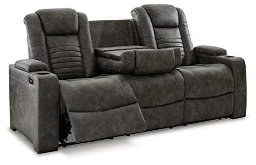 Signature Design by Ashley Soundcheck Contemporary Faux Leather Tufted Power Reclining Sofa with Adjustable Headrest, Gray