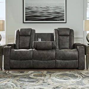 Signature Design by Ashley Soundcheck Contemporary Faux Leather Tufted Power Reclining Sofa with Adjustable Headrest, Gray