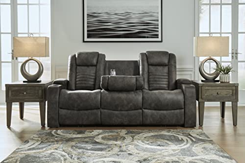 Signature Design by Ashley Soundcheck Contemporary Faux Leather Tufted Power Reclining Sofa with Adjustable Headrest, Gray