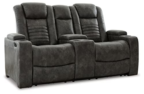 Signature Design by Ashley Soundcheck Contemporary Faux Leather Tufted Power Reclining Loveseat with Control and Adjustable Headrest, Gray