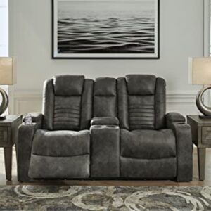 Signature Design by Ashley Soundcheck Contemporary Faux Leather Tufted Power Reclining Loveseat with Control and Adjustable Headrest, Gray