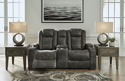 Signature Design by Ashley Soundcheck Contemporary Faux Leather Tufted Power Reclining Loveseat with Control and Adjustable Headrest, Gray