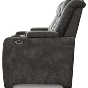 Signature Design by Ashley Soundcheck Contemporary Faux Leather Tufted Power Reclining Loveseat with Control and Adjustable Headrest, Gray