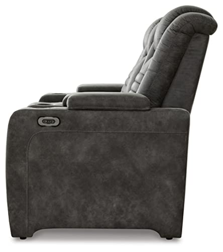 Signature Design by Ashley Soundcheck Contemporary Faux Leather Tufted Power Reclining Loveseat with Control and Adjustable Headrest, Gray