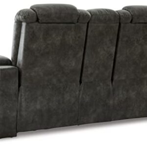 Signature Design by Ashley Soundcheck Contemporary Faux Leather Tufted Power Reclining Loveseat with Control and Adjustable Headrest, Gray