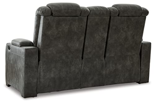 Signature Design by Ashley Soundcheck Contemporary Faux Leather Tufted Power Reclining Loveseat with Control and Adjustable Headrest, Gray