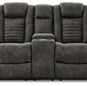 Signature Design by Ashley Soundcheck Contemporary Faux Leather Tufted Power Reclining Loveseat with Control and Adjustable Headrest, Gray