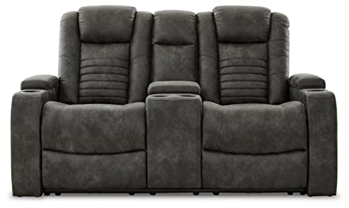 Signature Design by Ashley Soundcheck Contemporary Faux Leather Tufted Power Reclining Loveseat with Control and Adjustable Headrest, Gray