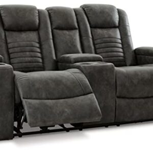 Signature Design by Ashley Soundcheck Contemporary Faux Leather Tufted Power Reclining Loveseat with Control and Adjustable Headrest, Gray