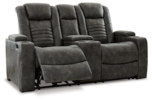 Signature Design by Ashley Soundcheck Contemporary Faux Leather Tufted Power Reclining Loveseat with Control and Adjustable Headrest, Gray