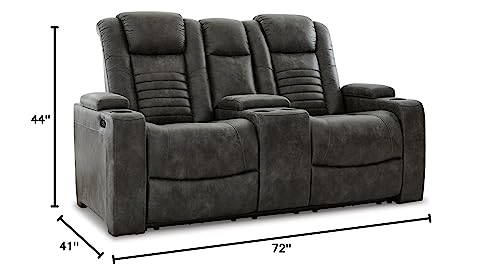 Signature Design by Ashley Soundcheck Contemporary Faux Leather Tufted Power Reclining Loveseat with Control and Adjustable Headrest, Gray