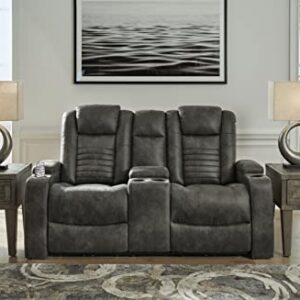 Signature Design by Ashley Soundcheck Contemporary Faux Leather Tufted Power Reclining Loveseat with Control and Adjustable Headrest, Gray