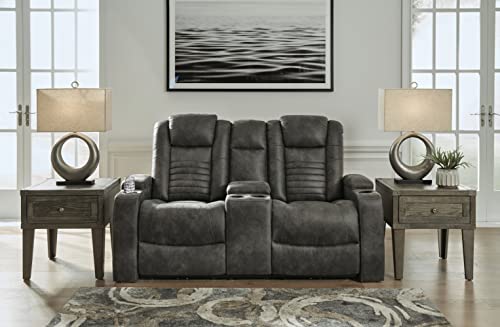 Signature Design by Ashley Soundcheck Contemporary Faux Leather Tufted Power Reclining Loveseat with Control and Adjustable Headrest, Gray