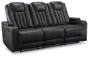 signature design by ashley center point contemporary faux leather tufted reclining sofa with drop down table, black