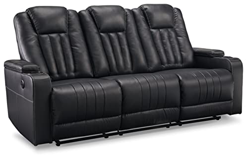 Signature Design by Ashley Center Point Contemporary Faux Leather Tufted Reclining Sofa with Drop Down Table, Black