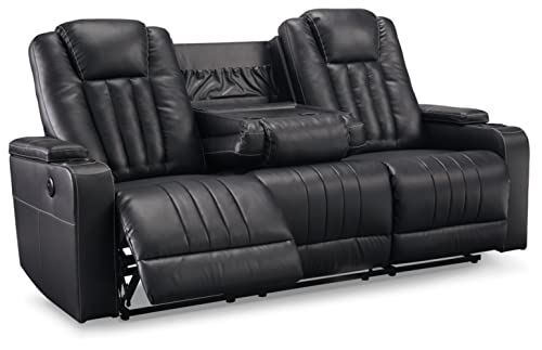 Signature Design by Ashley Center Point Contemporary Faux Leather Tufted Reclining Sofa with Drop Down Table, Black