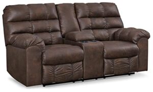 signature design by ashley derwin urban faux leather tufted double reclining loveseat with console, dark brown