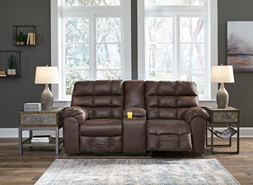 Signature Design by Ashley Derwin Urban Faux Leather Tufted Double Reclining Loveseat with Console, Dark Brown