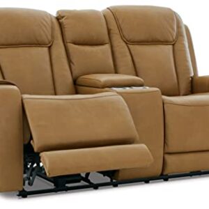 Signature Design by Ashley Card Player Contemporary Faux Leather Tufted Power Reclining Loveseat with Control and Adjustable Headrest, Light Brown