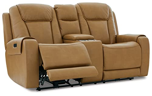 Signature Design by Ashley Card Player Contemporary Faux Leather Tufted Power Reclining Loveseat with Control and Adjustable Headrest, Light Brown