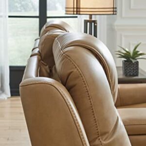 Signature Design by Ashley Card Player Contemporary Faux Leather Tufted Power Reclining Loveseat with Control and Adjustable Headrest, Light Brown