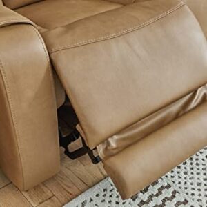 Signature Design by Ashley Card Player Contemporary Faux Leather Tufted Power Reclining Loveseat with Control and Adjustable Headrest, Light Brown