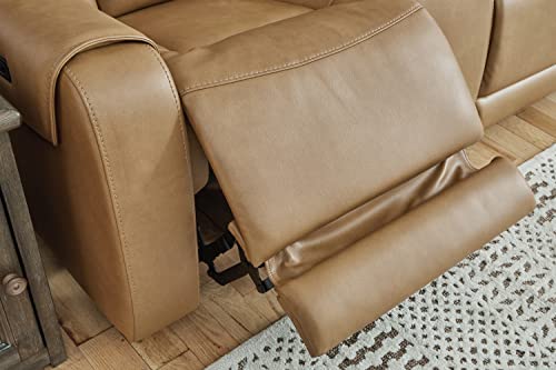 Signature Design by Ashley Card Player Contemporary Faux Leather Tufted Power Reclining Loveseat with Control and Adjustable Headrest, Light Brown