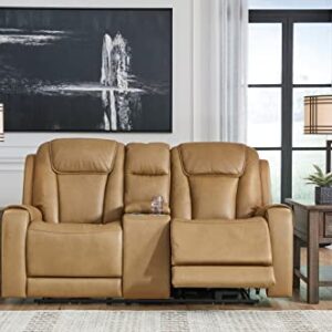 Signature Design by Ashley Card Player Contemporary Faux Leather Tufted Power Reclining Loveseat with Control and Adjustable Headrest, Light Brown