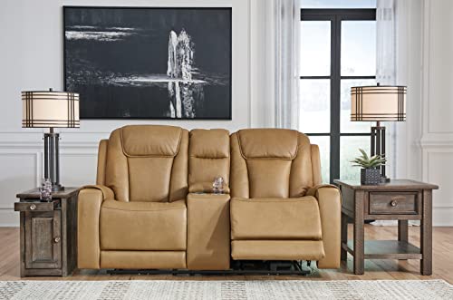 Signature Design by Ashley Card Player Contemporary Faux Leather Tufted Power Reclining Loveseat with Control and Adjustable Headrest, Light Brown