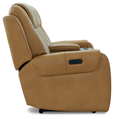 Signature Design by Ashley Card Player Contemporary Faux Leather Tufted Power Reclining Loveseat with Control and Adjustable Headrest, Light Brown