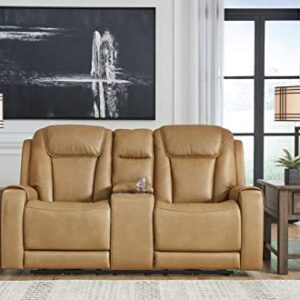 Signature Design by Ashley Card Player Contemporary Faux Leather Tufted Power Reclining Loveseat with Control and Adjustable Headrest, Light Brown