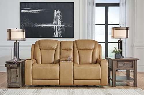 Signature Design by Ashley Card Player Contemporary Faux Leather Tufted Power Reclining Loveseat with Control and Adjustable Headrest, Light Brown