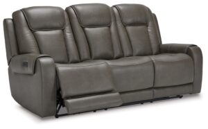 signature design by ashley card player contemporary faux leather tufted power reclining sofa with adjustable headrest, gray