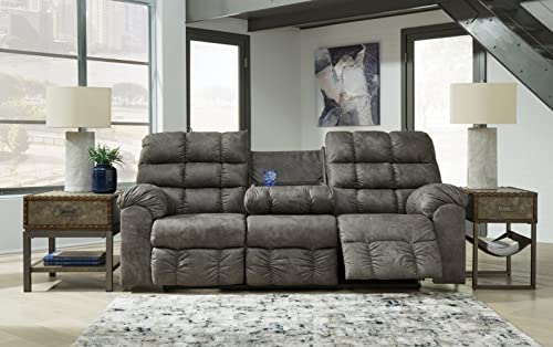 Signature Design by Ashley Derwin Urban Faux Leather Tufted Reclining Sofa with Drop Down Table, Gray