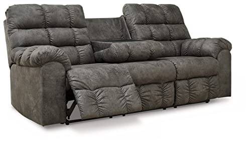 Signature Design by Ashley Derwin Urban Faux Leather Tufted Reclining Sofa with Drop Down Table, Gray