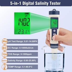 Chaoos Digital Salinity Tester, 5 in 1 TDS/PH/EC/Temp&Salinity Tester Waterproof LCD Saltwater Meter with ATC Large Range 0-200ppt for Seawater, Aquariums, Marine Monitoring, and Koi Fish Pond