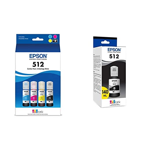 Epson T512 EcoTank -Ink Ultra-high Capacity Bottle Color Combo Pack (T512520-S) & T512 EcoTank -Ink Ultra-high Capacity Bottle Black (T512020-S) for Select EcoTank Printers