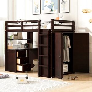 harper & bright designs twin size loft bed with desk and wardrobe, wood loft bed frame with storage drawers and full-length guardrails, high loft bed for kids teens boys and girls (espresso)