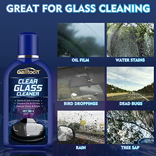 Car Glass Oil Film Cleaner, Clear Car Glass Cleaner with Sponge, Glass Cleaner for Home and Auto Windows Cleaning, Water Spot Remover for Glass Surfaces, Quickly and Easily Restore Glass Clarity(180g)