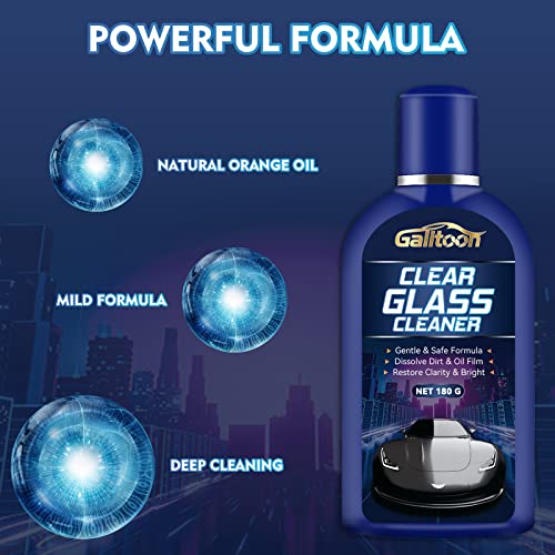 Car Glass Oil Film Cleaner, Clear Car Glass Cleaner with Sponge, Glass Cleaner for Home and Auto Windows Cleaning, Water Spot Remover for Glass Surfaces, Quickly and Easily Restore Glass Clarity(180g)